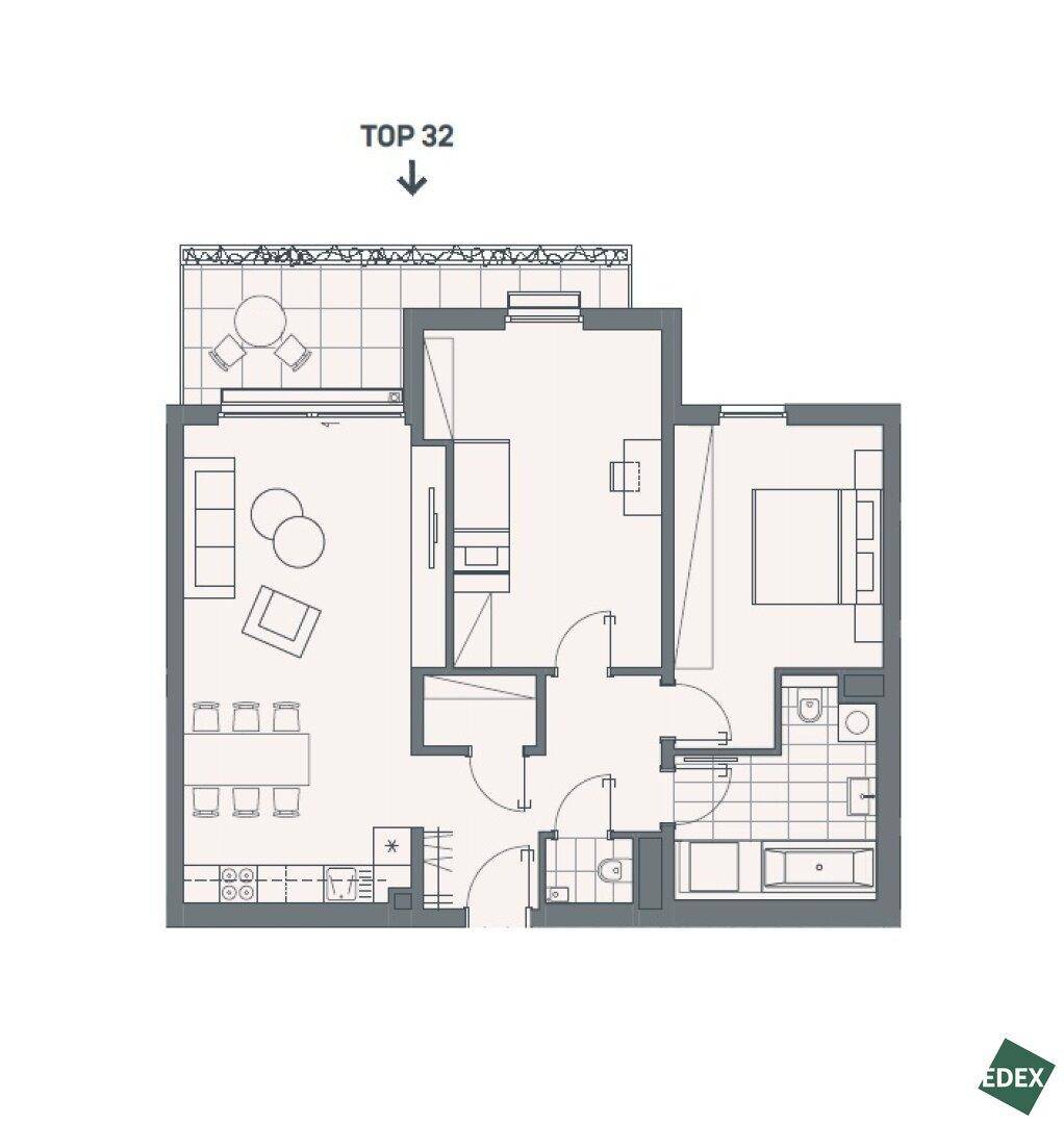 Grundriss einer Wohnung mit offenem Wohnbereich, Schlafzimmer und Balkon.