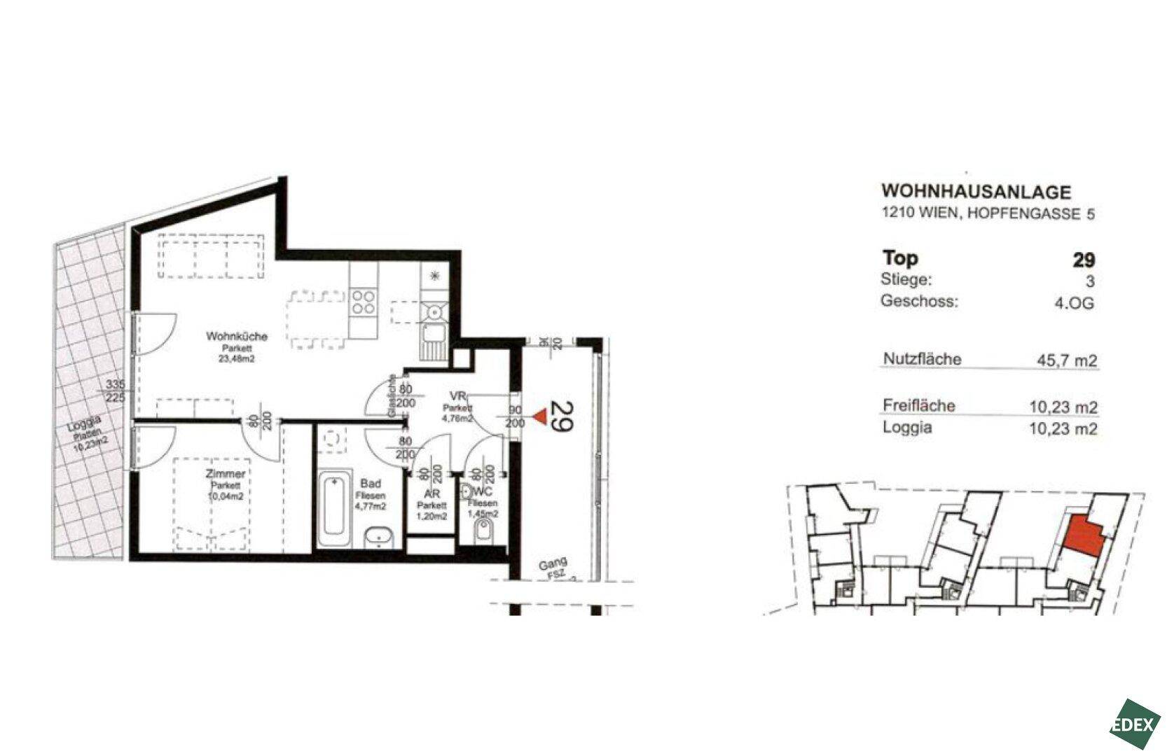 Grundriss der Wohnung Top 29 mit Loggia, zeigt die Raumaufteilung und Flächen.