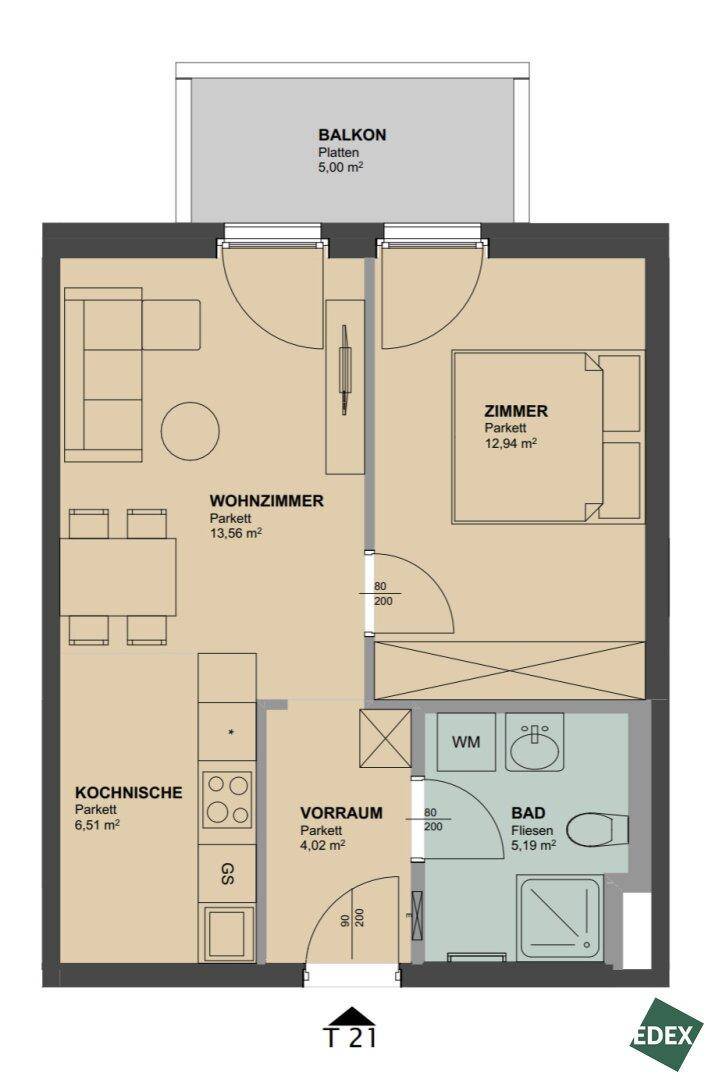 Detaillierter Grundriss einer Wohnung mit Wohnzimmer, Schlafzimmer, Kochnische und Balkon.