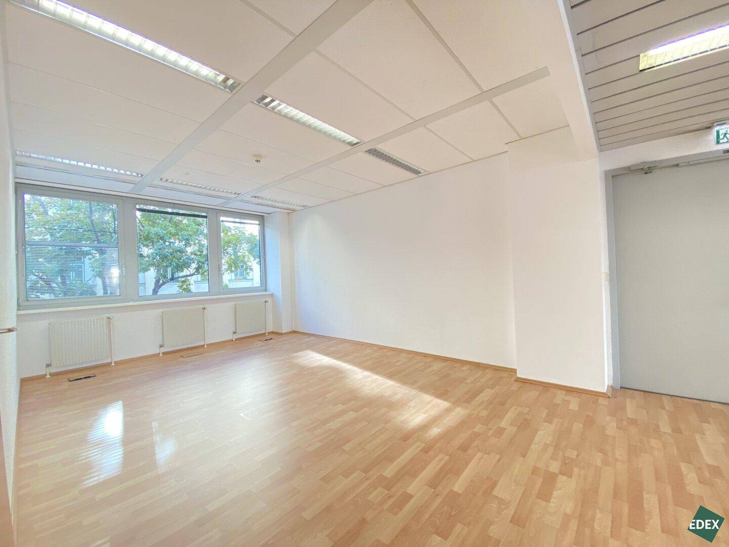 Geräumiges, helles Büro mit Holzfußboden, weißen Wänden und Fenstern mit Blick ins Grüne.