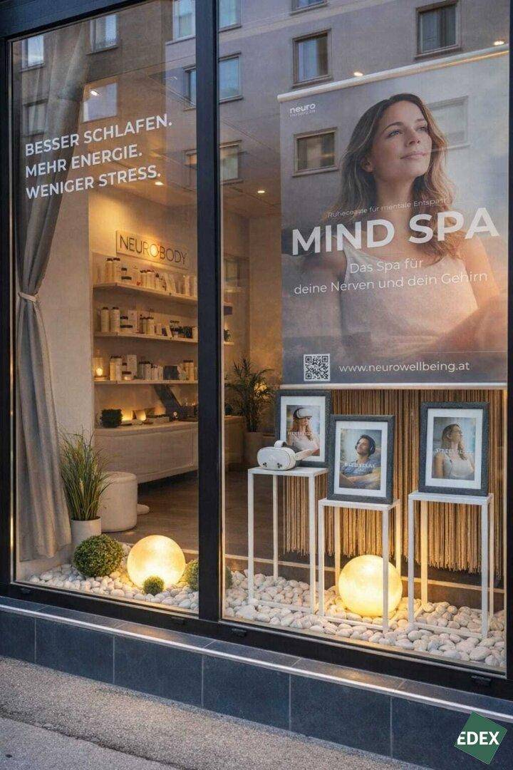 Schaufenster eines Geschäfts mit Werbung, Dekoration und Blick in den Innenraum.
