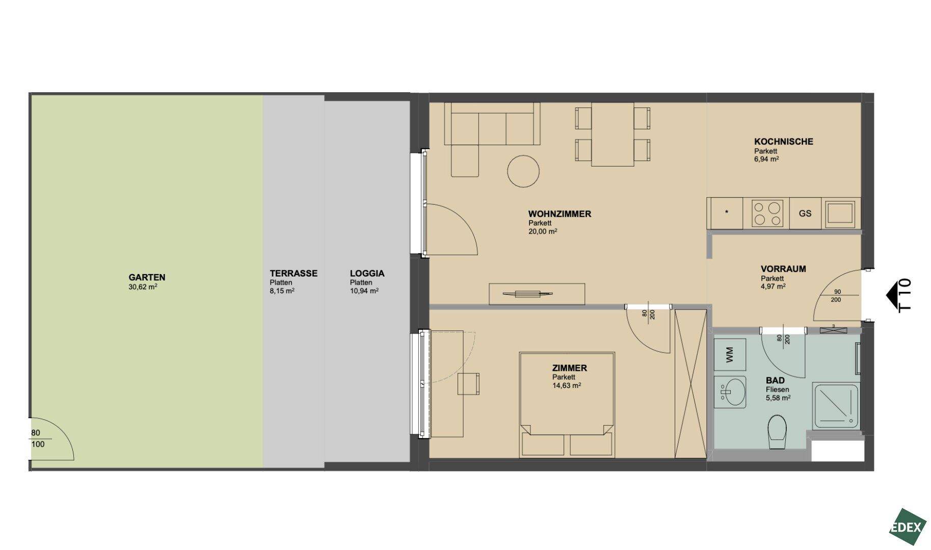 Grundriss einer Wohnung mit Wohnzimmer, Schlafzimmer, Küche, Bad, Loggia, Terrasse und Garten.