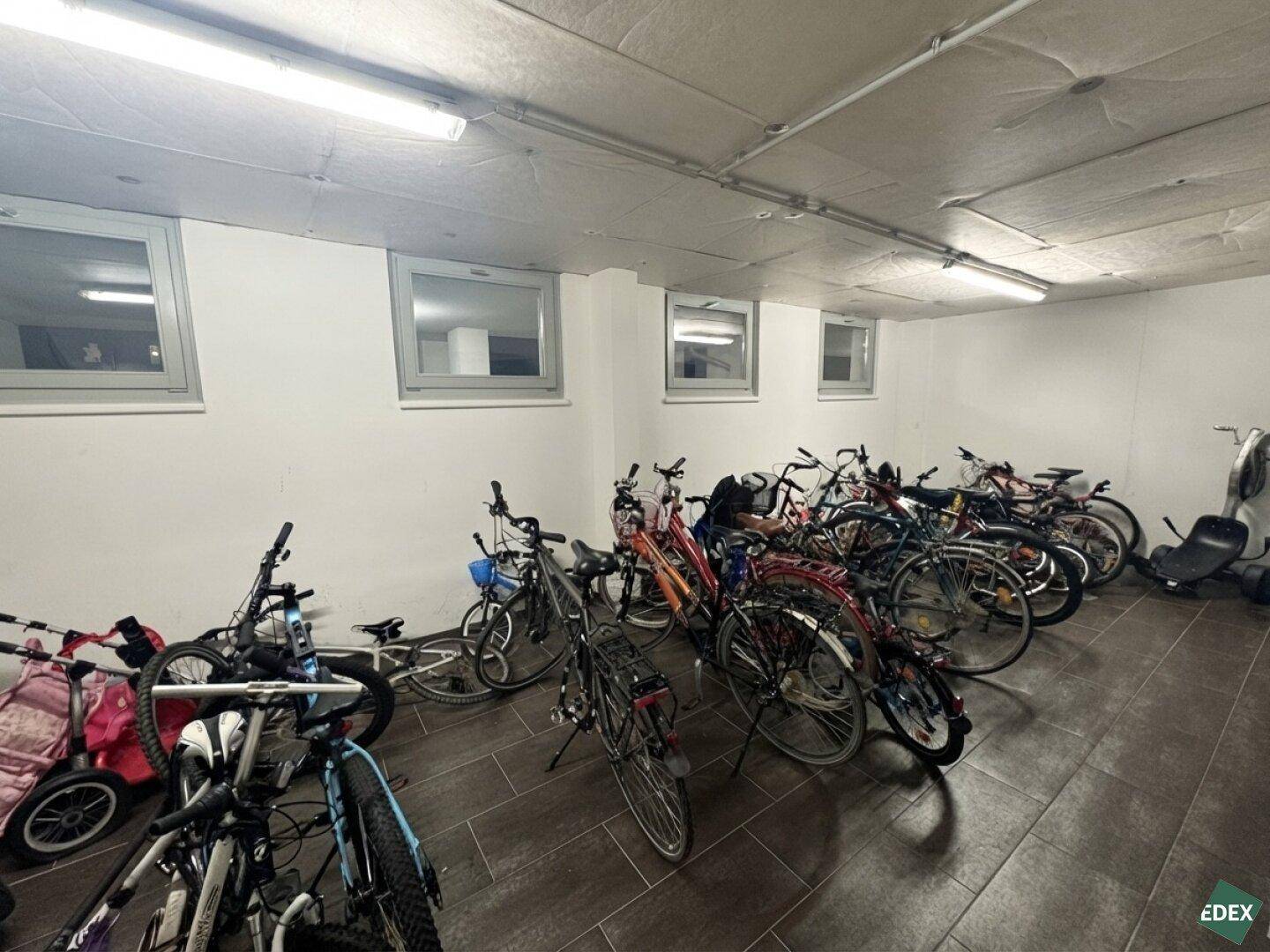 Gemeinschaftlicher Fahrradraum im Keller mit mehreren Fahrrädern und Fenstern.