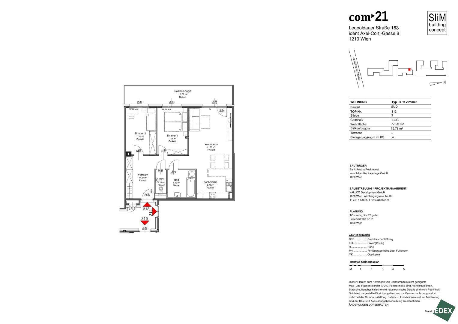 Detaillierter Grundriss einer Wohnung mit mehreren Zimmern und Balkon-Loggia.