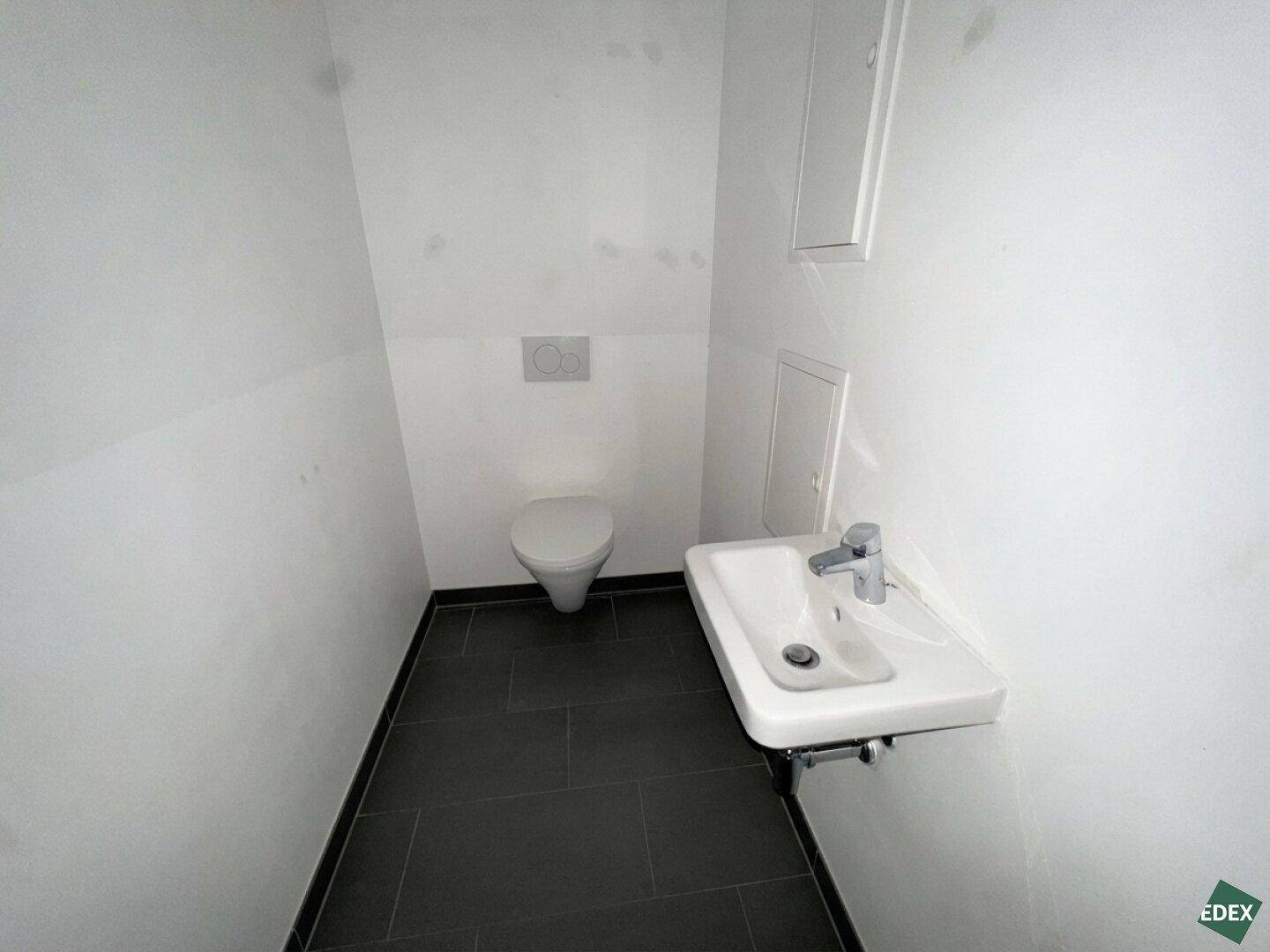 Separates WC mit wandhängender Toilette, kleinem Waschbecken und dunklem Fliesenboden.