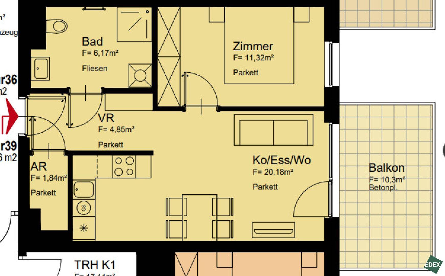 Grundriss einer Wohnung mit einem Schlafzimmer, offenem Wohnbereich und Balkon.
