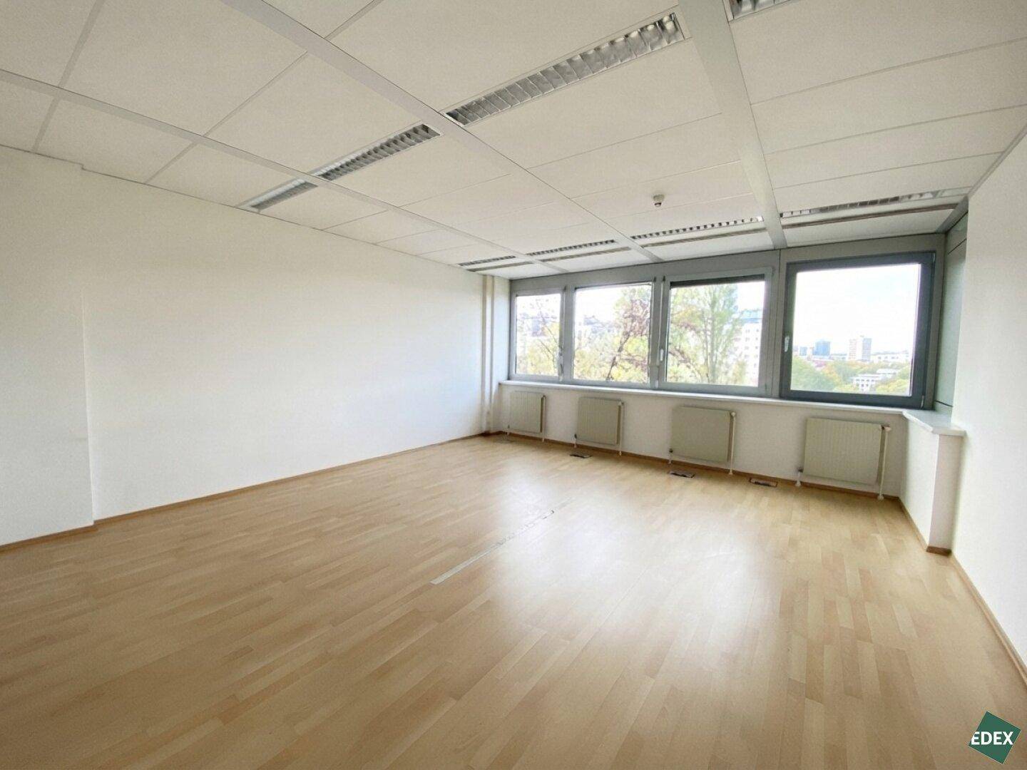 Helles, leeres Büro mit großen Fenstern, hellem Holzfußboden und abgehängter Decke.