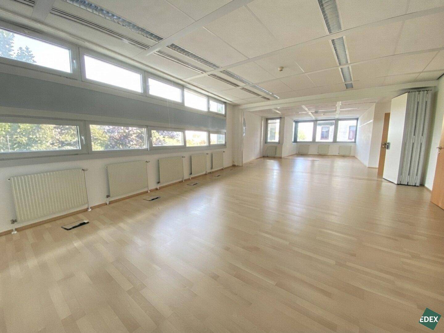 Geräumiger, leerer Büroraum mit vielen Fenstern, hellem Holzfußboden und Deckenbeleuchtung.