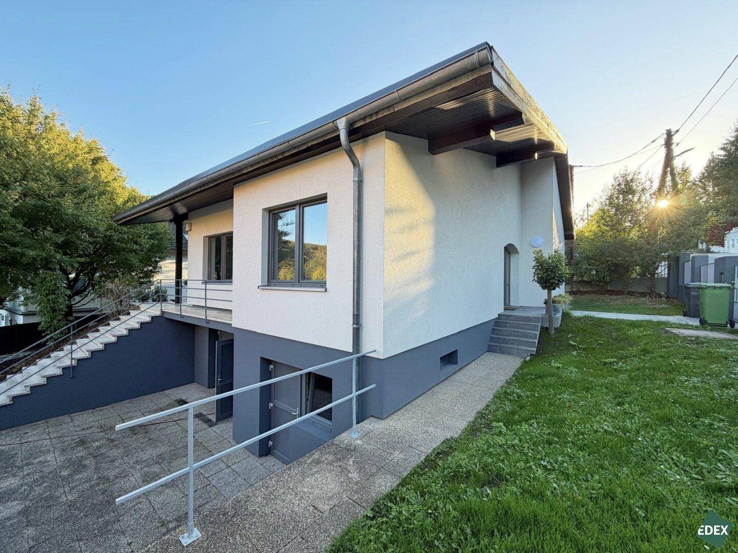 Seitenansicht des Hauses mit Kellerzugang, Außentreppe und umliegender Grünfläche.