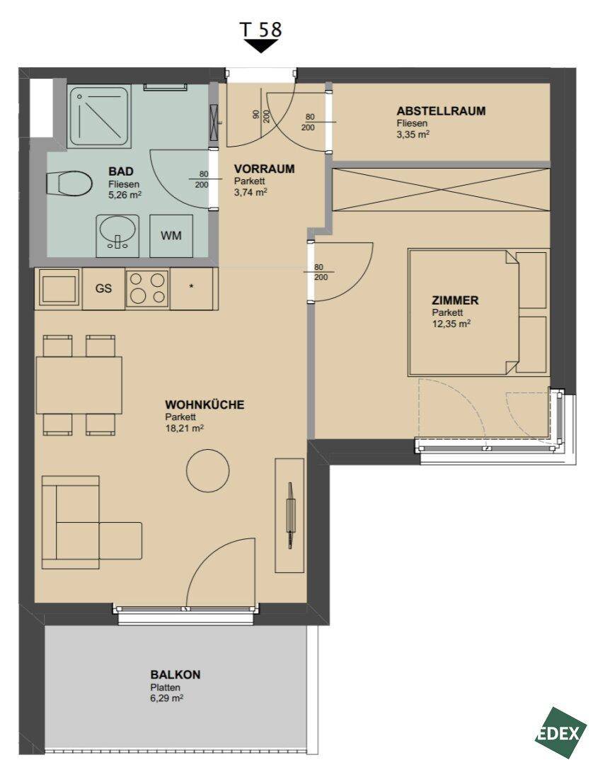Grundriss einer Wohnung mit Wohnküche, Schlafzimmer, Bad und Balkon.