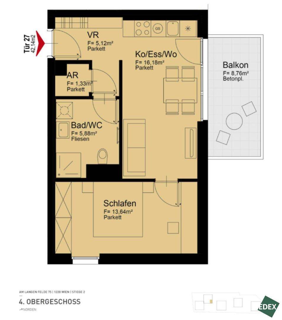 Grundriss einer 42,14m² Wohnung mit offenem Wohnbereich, Schlafzimmer und Balkon.
