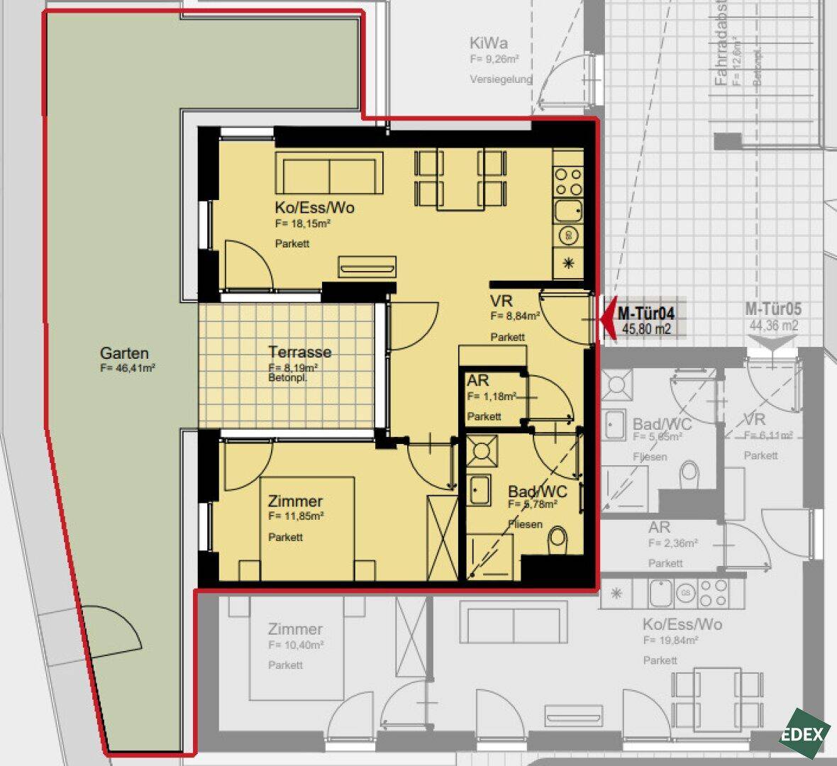 Grundriss einer Wohnung mit Garten, Terrasse und mehreren Zimmern, inklusive Bad und WC.