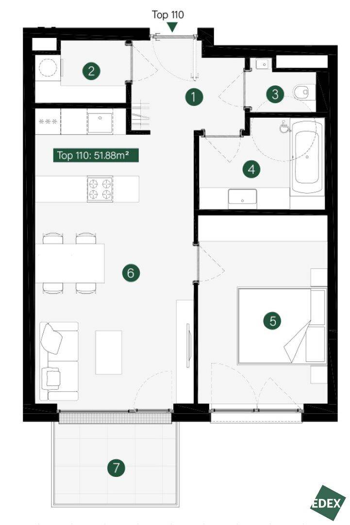 Grundriss der Wohnung Top 110 mit 51,88 m² Wohnfläche und Balkon.
