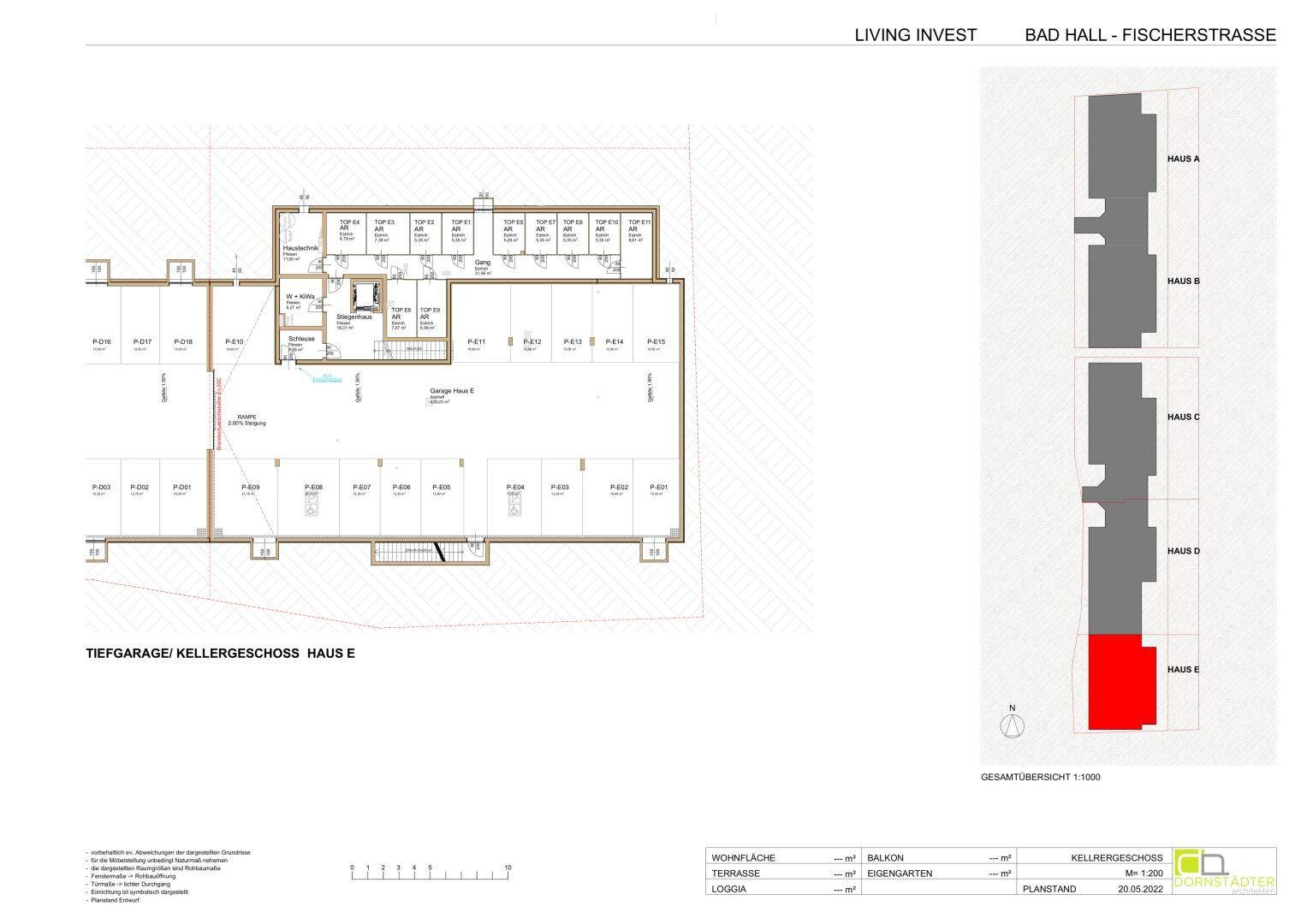 Grundriss der Tiefgarage und des Kellergeschosses von Haus E.