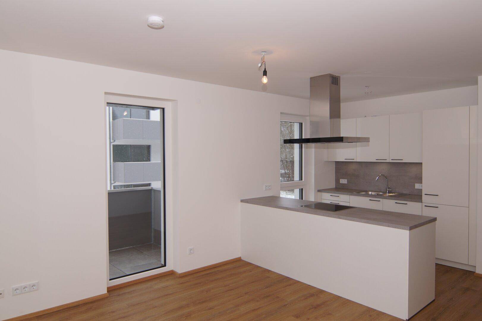 Offene Küche mit Kochinsel und Zugang zum Balkon, ausgestattet mit Laminatboden.