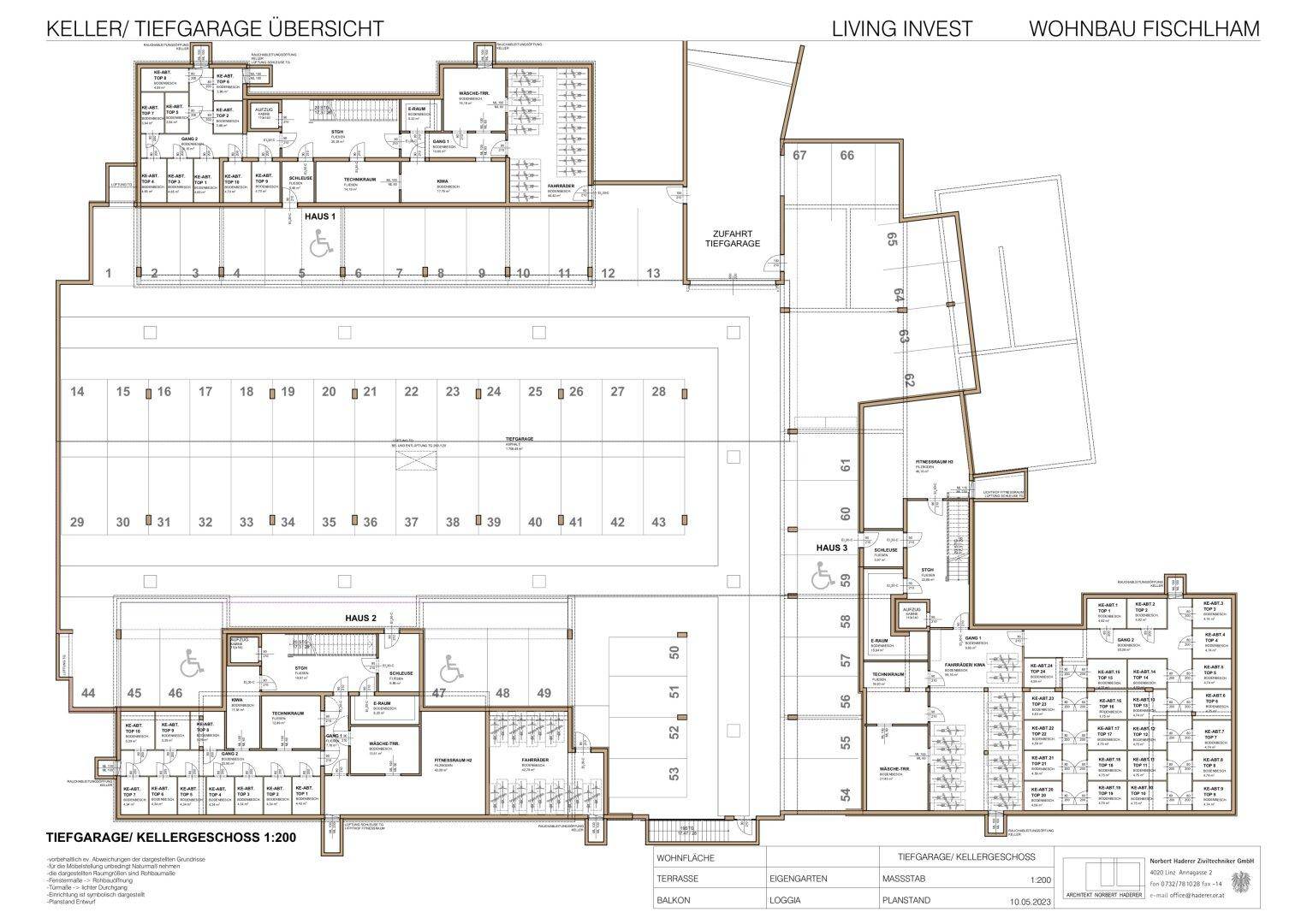 Übersichtsplan des Keller- und Tiefgaragengeschosses für mehrere Häuser mit zahlreichen Parkplätzen.