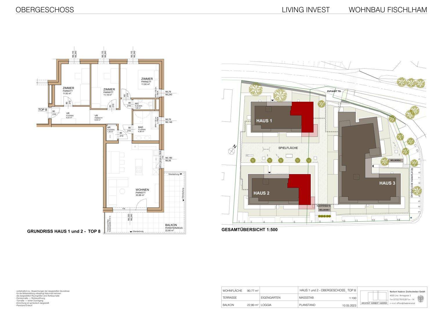 Grundriss des Obergeschosses für eine Wohnung mit Balkon und Gesamtübersicht der Wohnanlage.