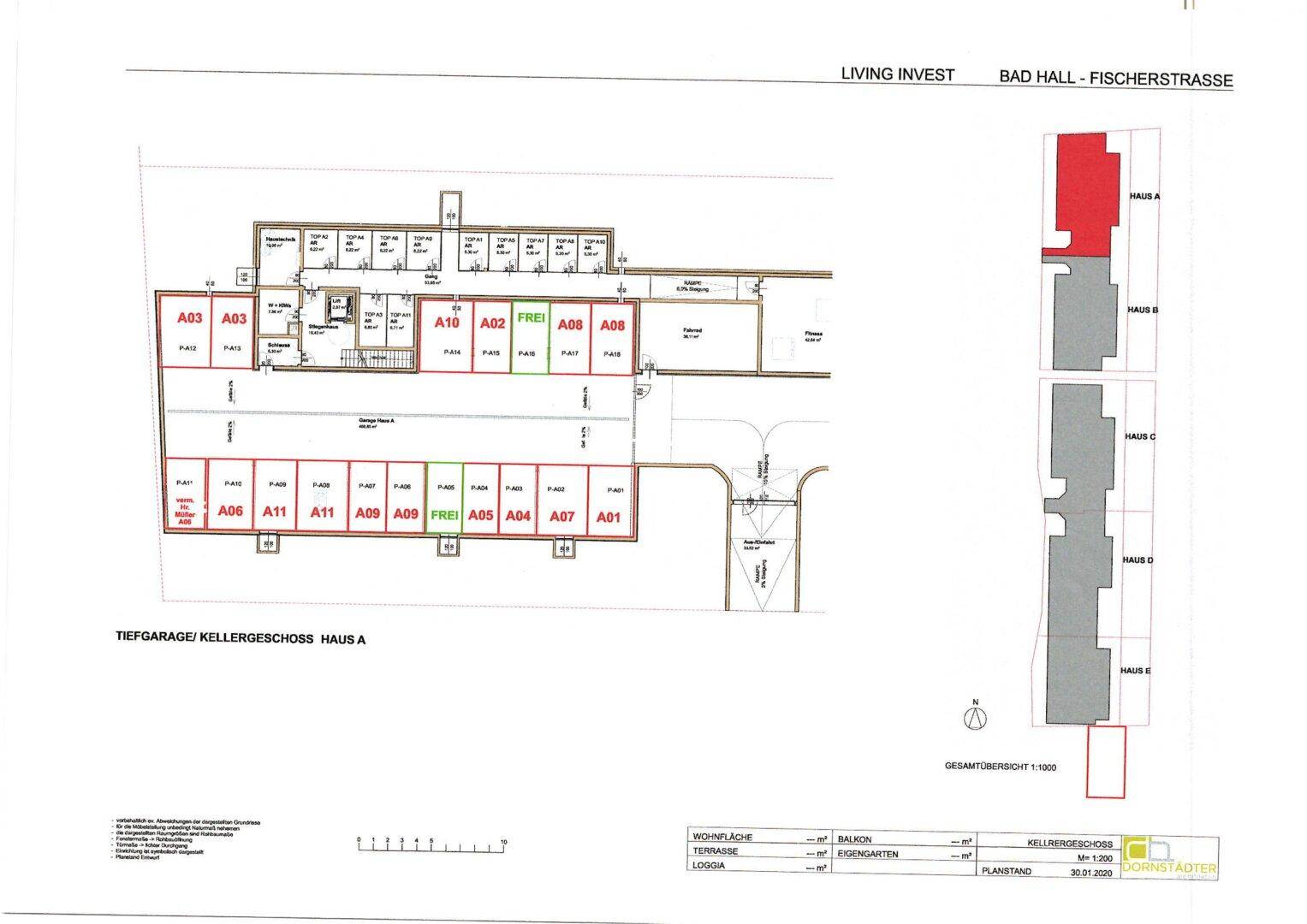 Grundriss des Kellergeschosses/Tiefgarage mit Stellplätzen und Abstellräumen.