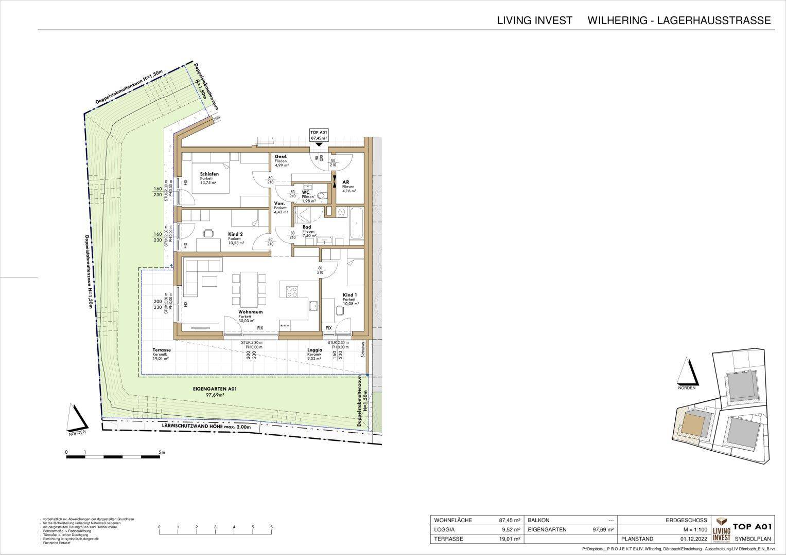 Grundriss einer Wohnung mit drei Schlafzimmern, Terrasse, Loggia und eigenem Garten.