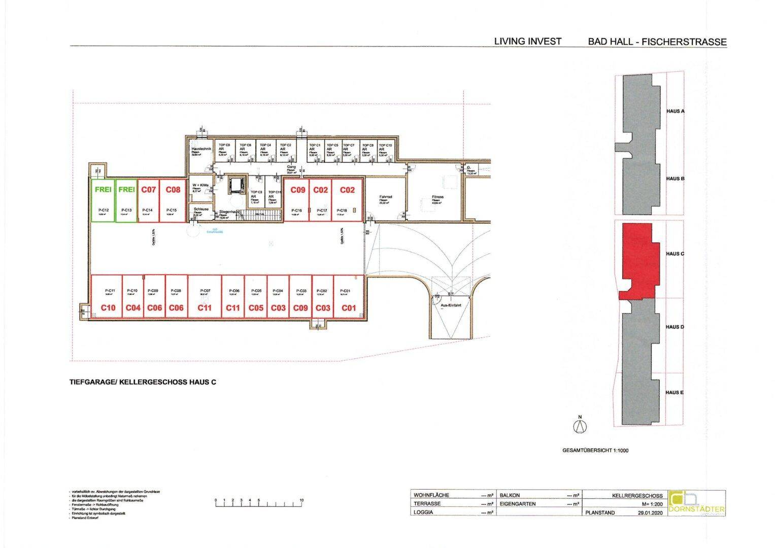 Grundriss des Kellergeschosses mit Tiefgarage und nummerierten Stellplätzen für Haus C.