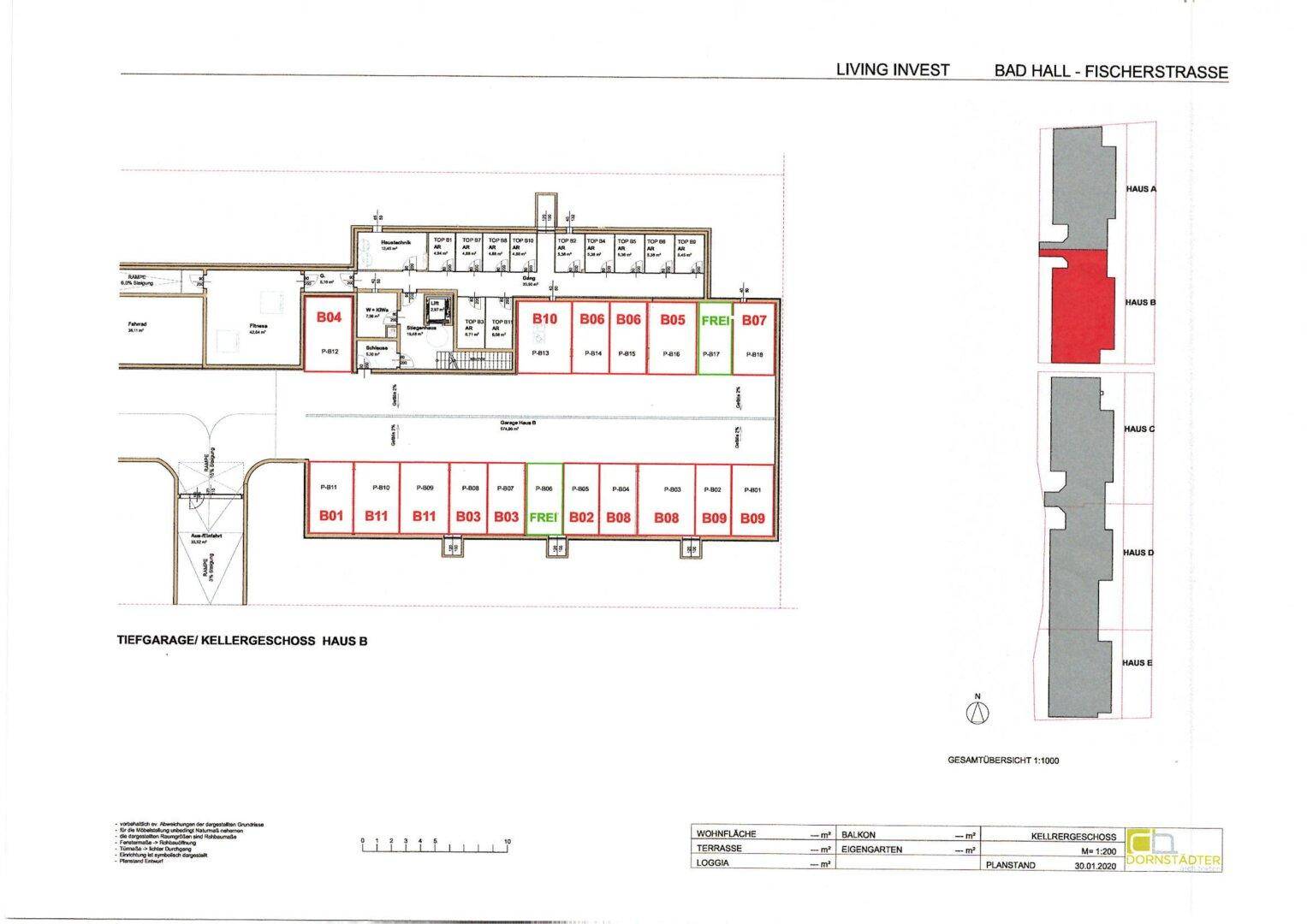 Grundriss der Tiefgarage und des Kellergeschosses für Haus B mit Stellplätzen.