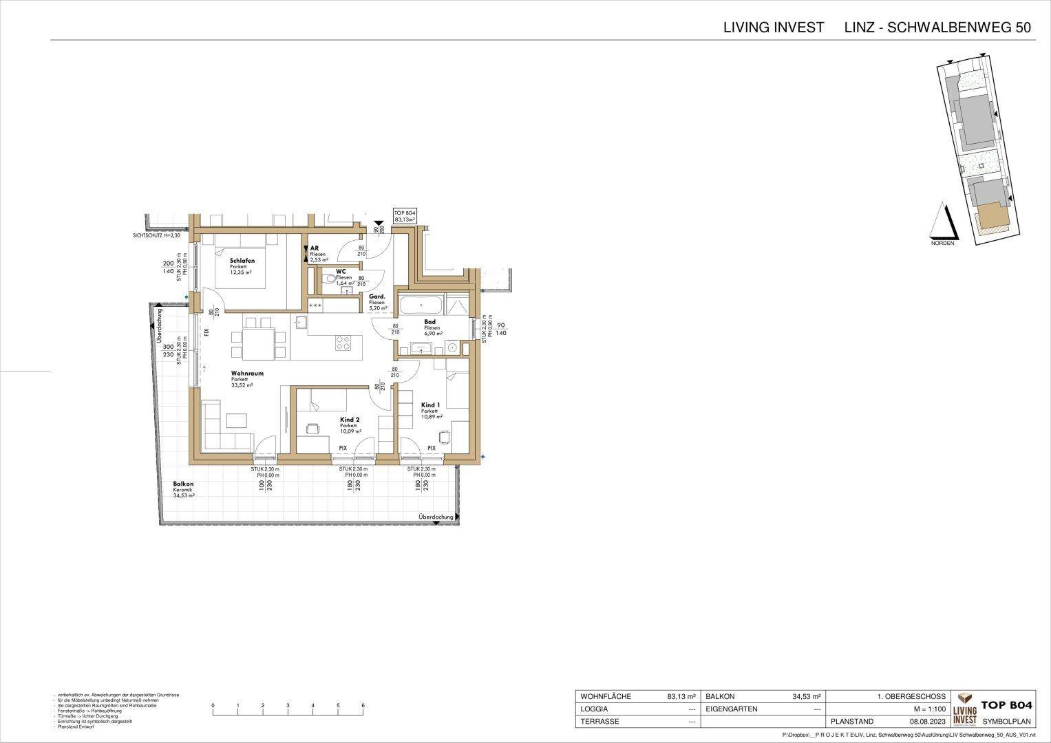 Grundriss der Wohnung Top B04 im Obergeschoss mit Balkon und Loggia.