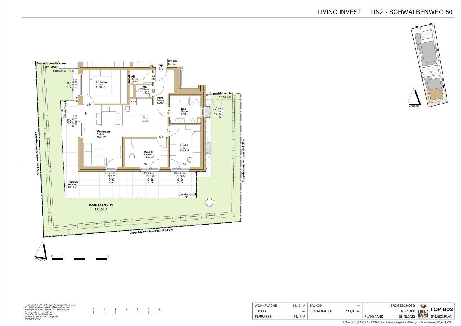 Grundriss einer Erdgeschosswohnung mit Terrasse, Loggia und privatem Gartenanteil.