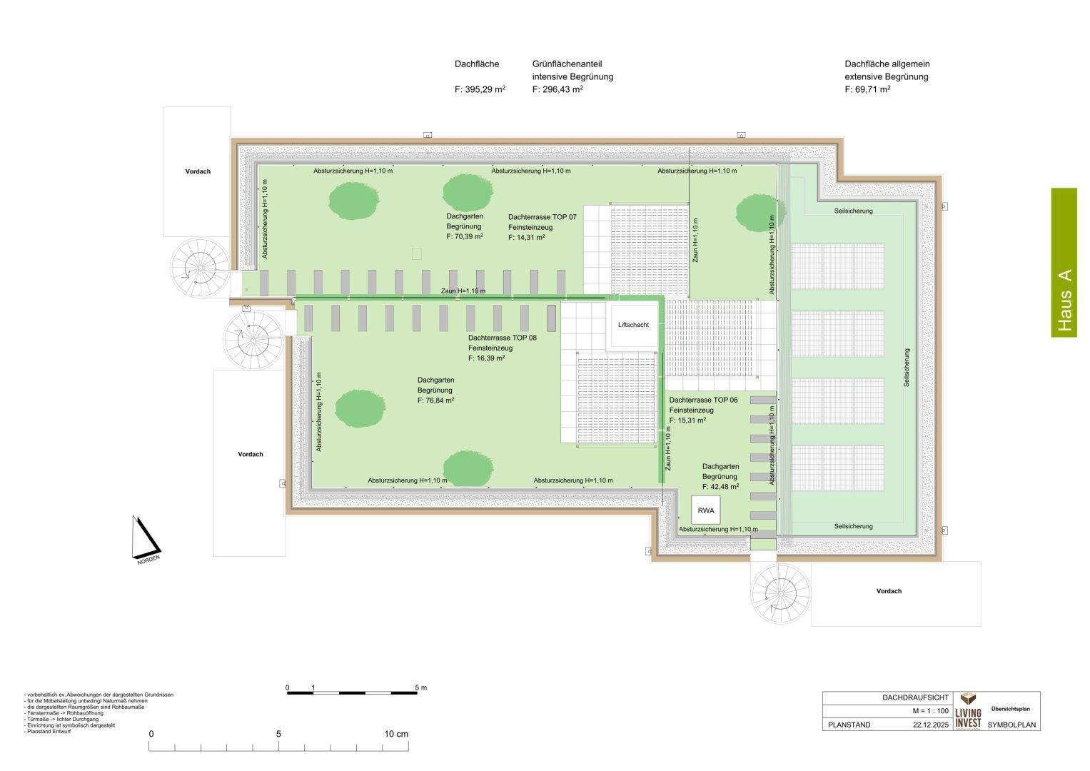 Dachaufsicht mit Dachgärten und Dachterrassen für mehrere Wohneinheiten und Grünflächen.