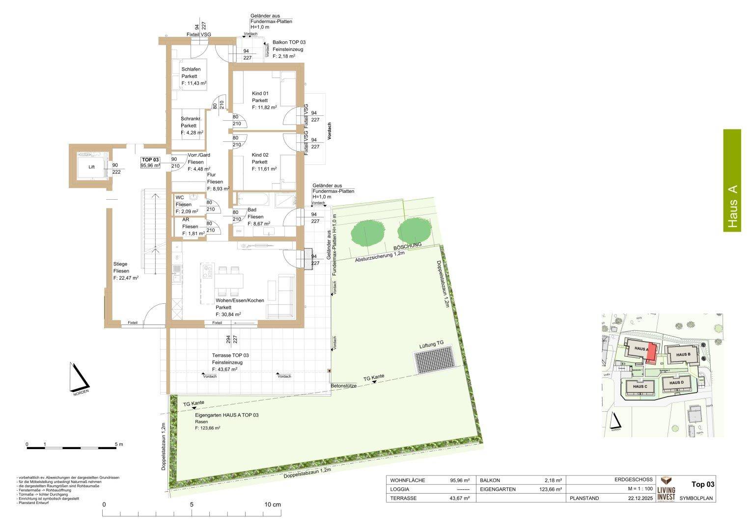 Grundriss des Erdgeschosses mit Wohnküche, drei Schlafzimmern, Terrasse und Gartenanteil.