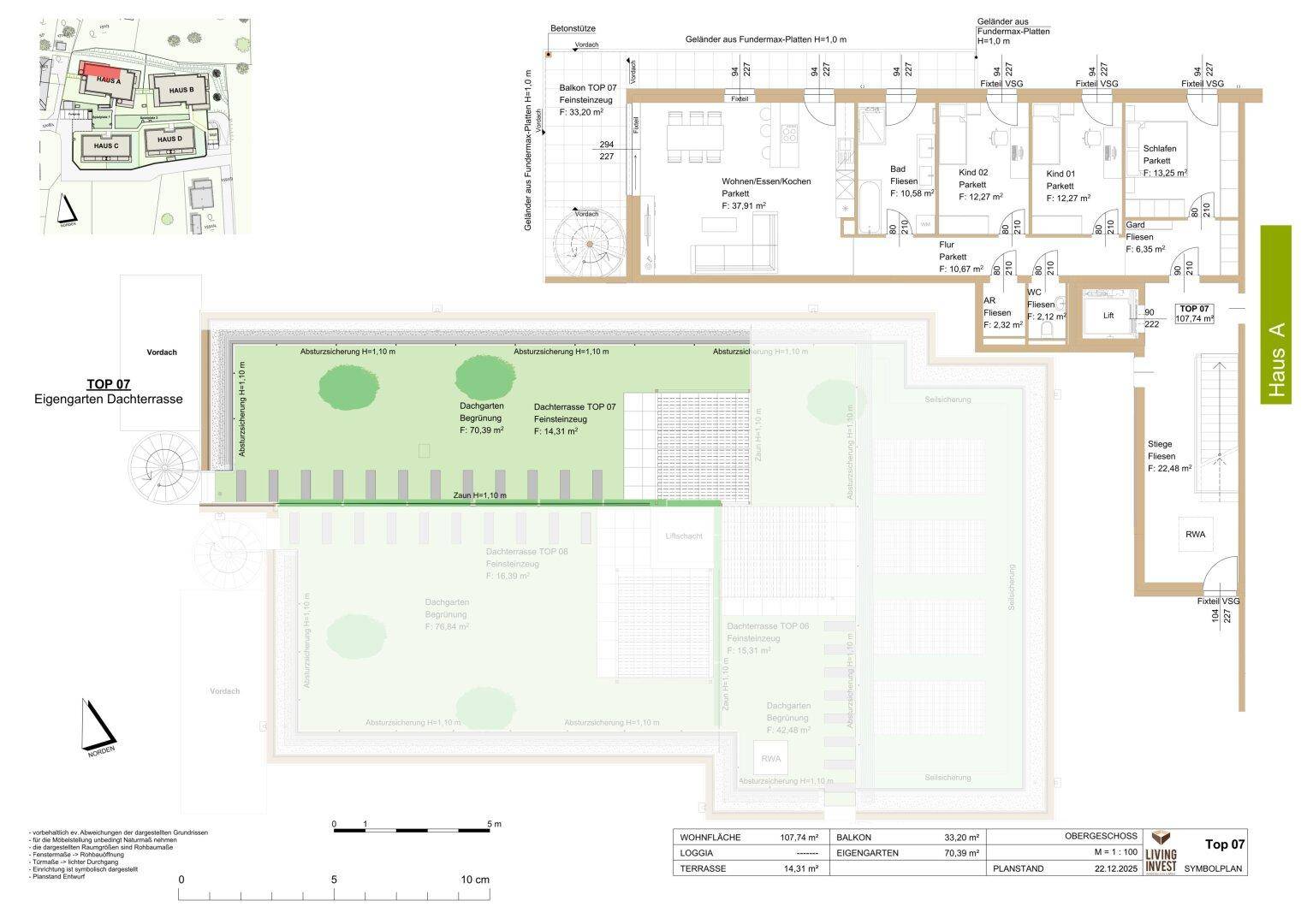 Grundriss der Wohnung TOP 07 mit großzügiger Dachterrasse, Loggia und offenem Wohnbereich.