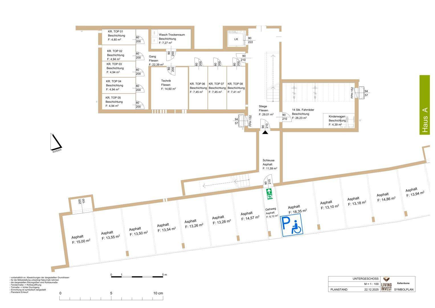 Grundriss des Untergeschosses von Haus A mit Kellerabteilen, Technikräumen und Tiefgarage.
