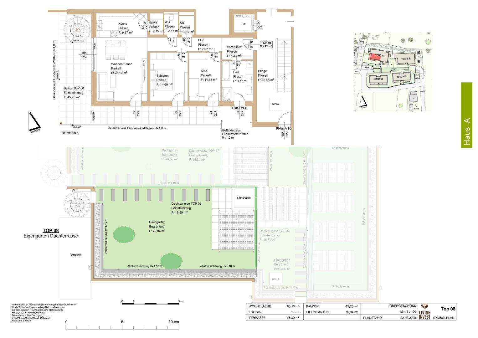 Detaillierter Grundriss der Wohnung TOP 08 mit drei Schlafzimmern, offenem Wohnbereich und großer Dachterrasse.