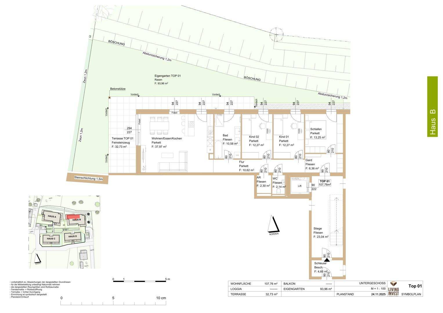 Grundriss des Untergeschosses mit Wohnbereich, Terrasse und Garten.