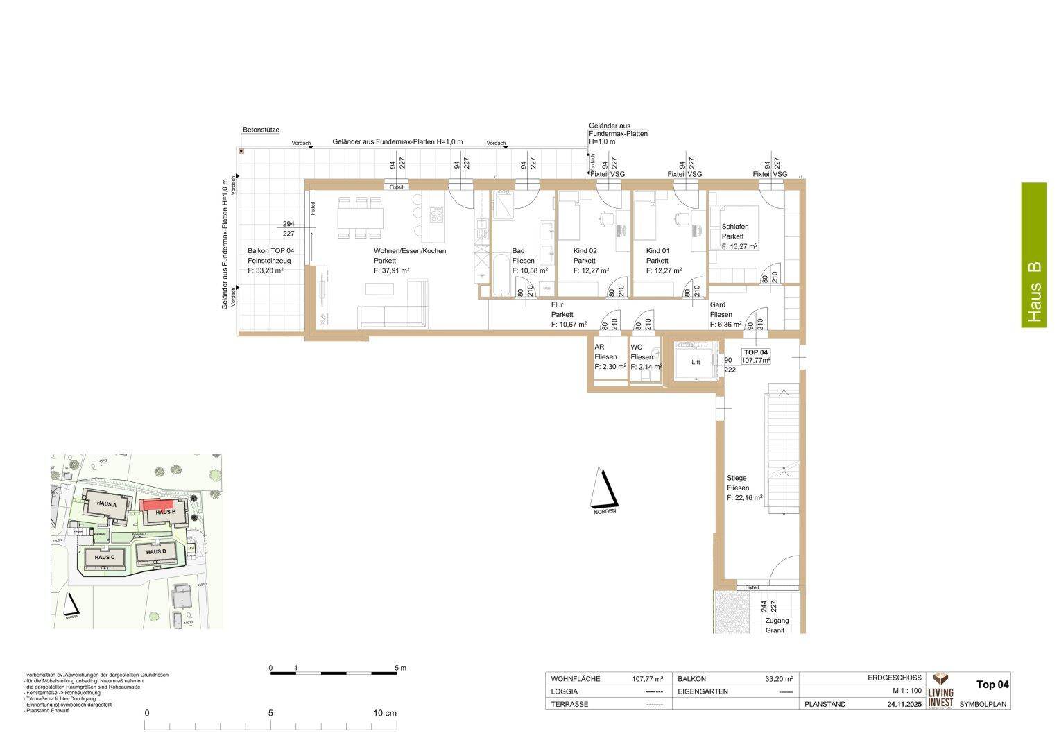 Grundriss des Erdgeschosses mit Wohnbereich, drei Schlafzimmern und Garten.