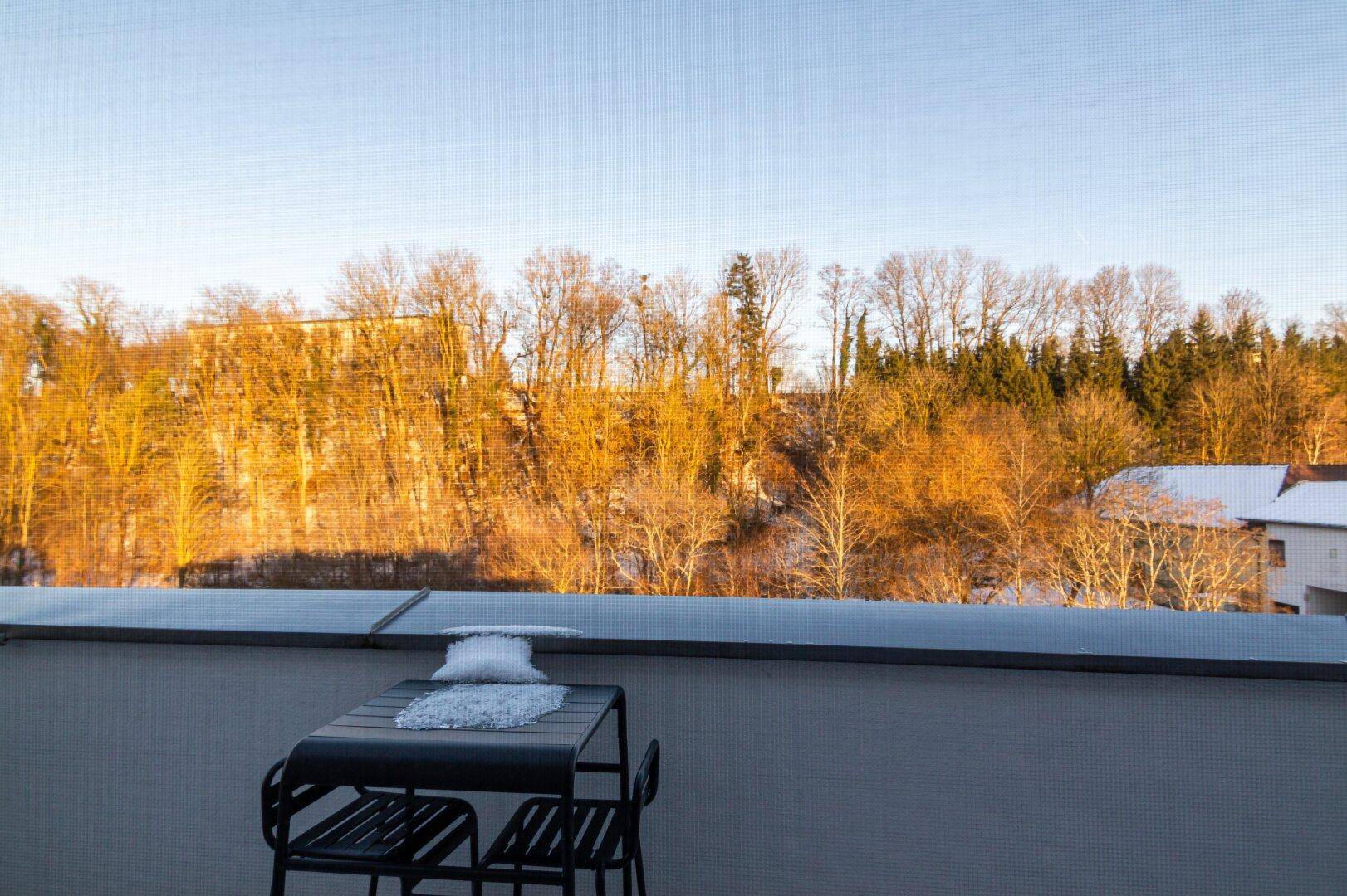 Balkon mit Blick auf eine bewaldete Landschaft im Winter, ideal für entspannte Stunden.