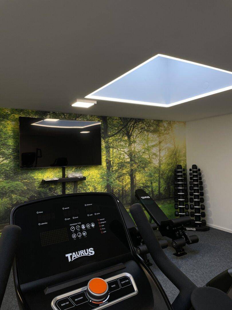 Moderner Fitnessraum mit Laufband, Hanteln und einer Waldtapete für eine inspirierende Atmosphäre.