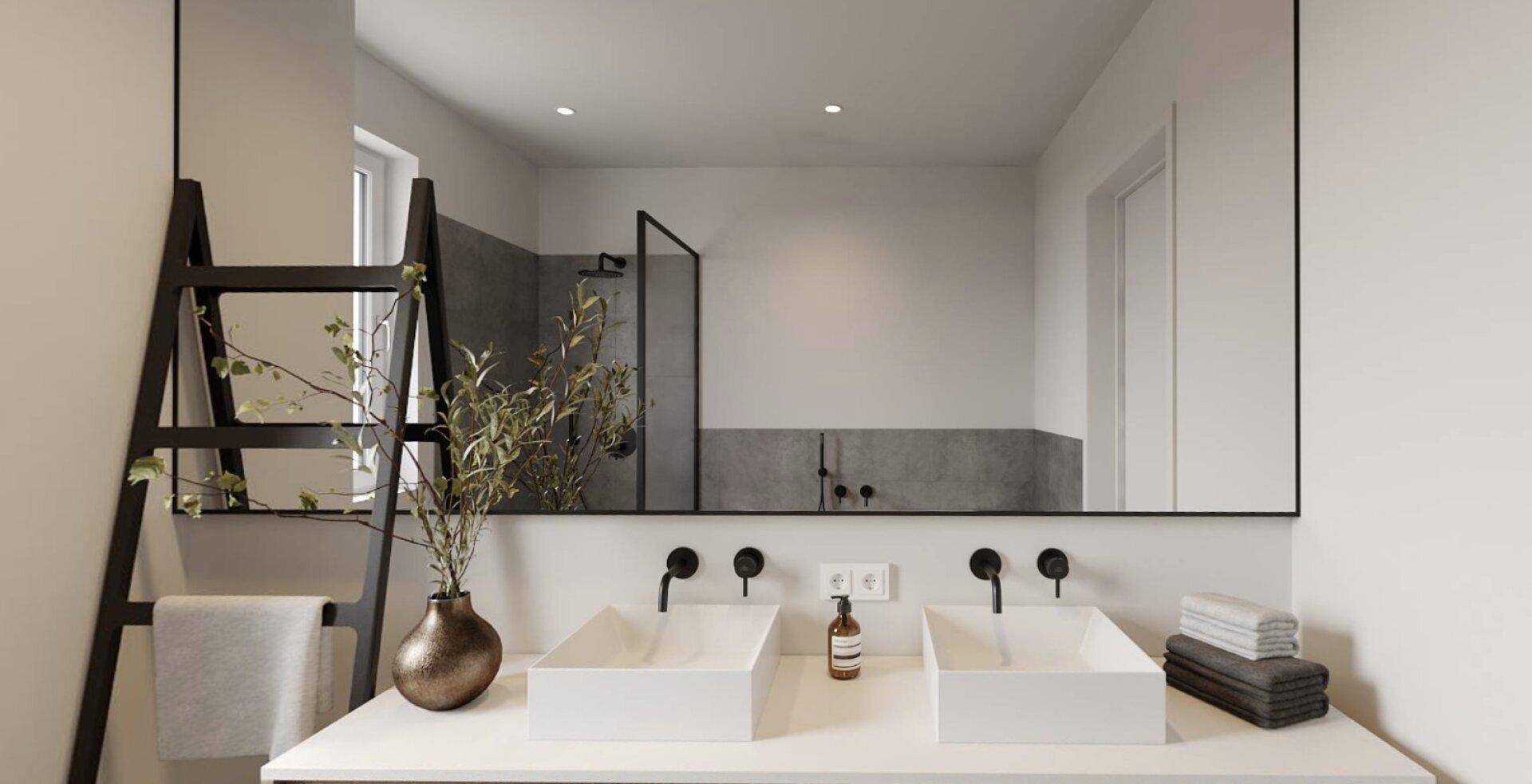 Modernes Badezimmer mit Doppelwaschbecken, großem Spiegel und begehbarer Dusche.
