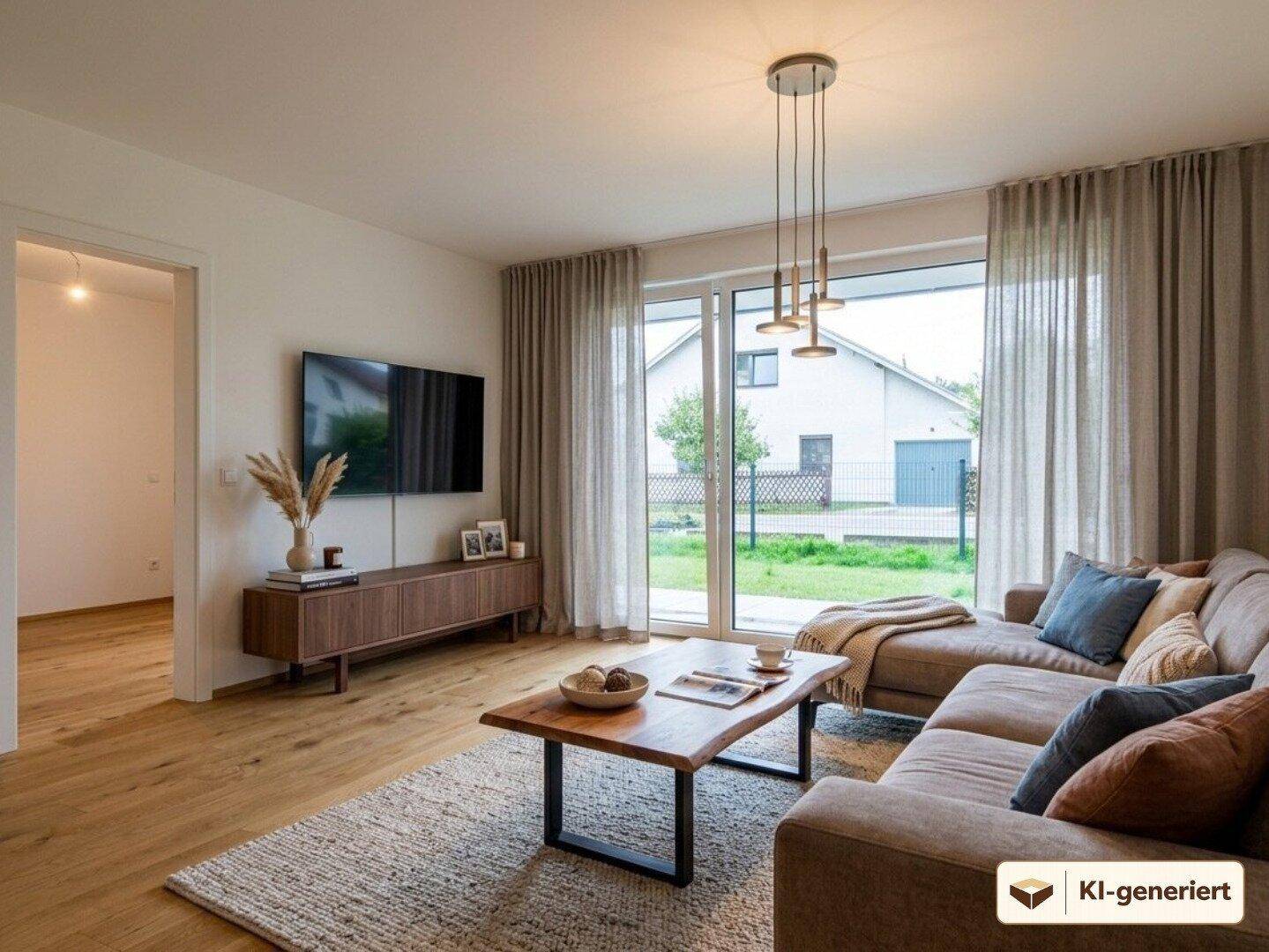 Helles Wohnzimmer mit modernem Sofa, Holzboden und Blick auf den Gartenbereich.