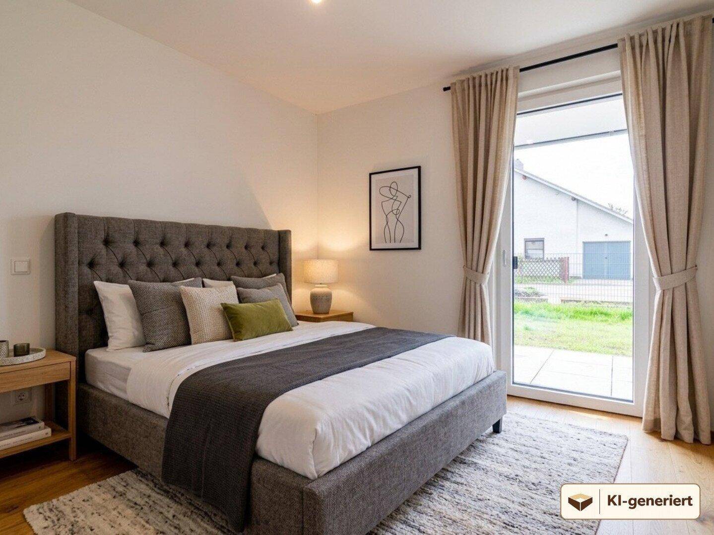 Gemütliches Schlafzimmer mit großem Polsterbett, Holzboden und direktem Zugang zur Terrasse.