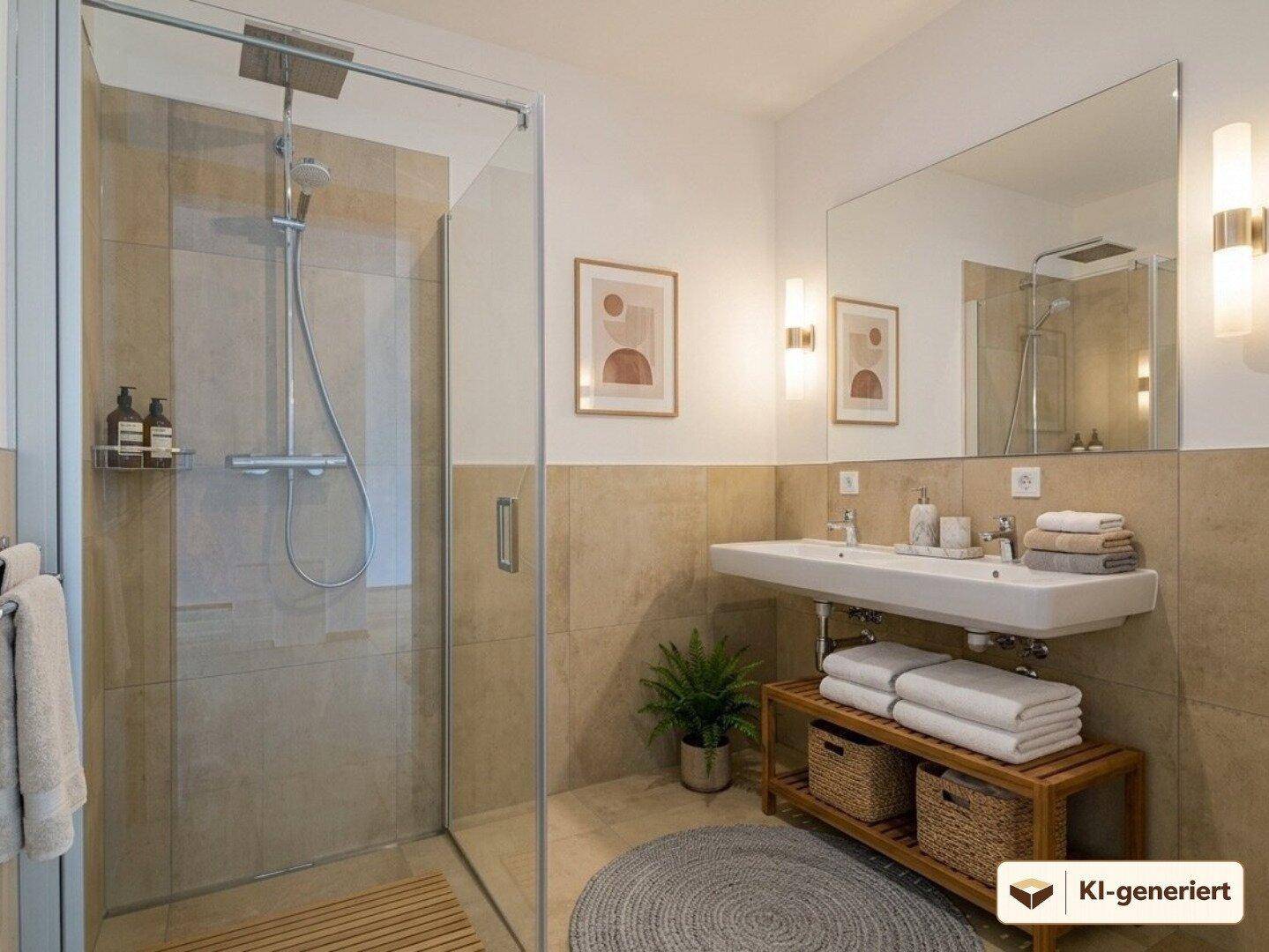 Stilvolles Badezimmer mit großer Dusche, modernem Waschbecken und dekorativen Elementen.