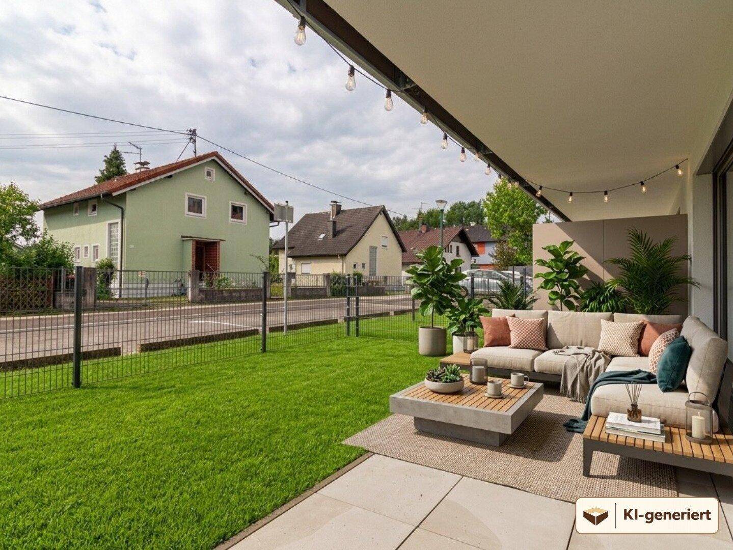 Gemütliche, möblierte Terrasse mit Lounge-Möbeln und Blick auf den Garten und die Umgebung.
