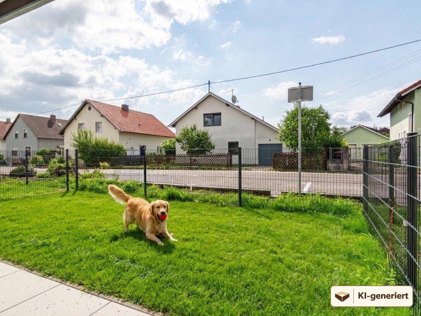 Ein Hund spielt auf der grünen Rasenfläche des Gartens mit Blick auf die Nachbarschaft.