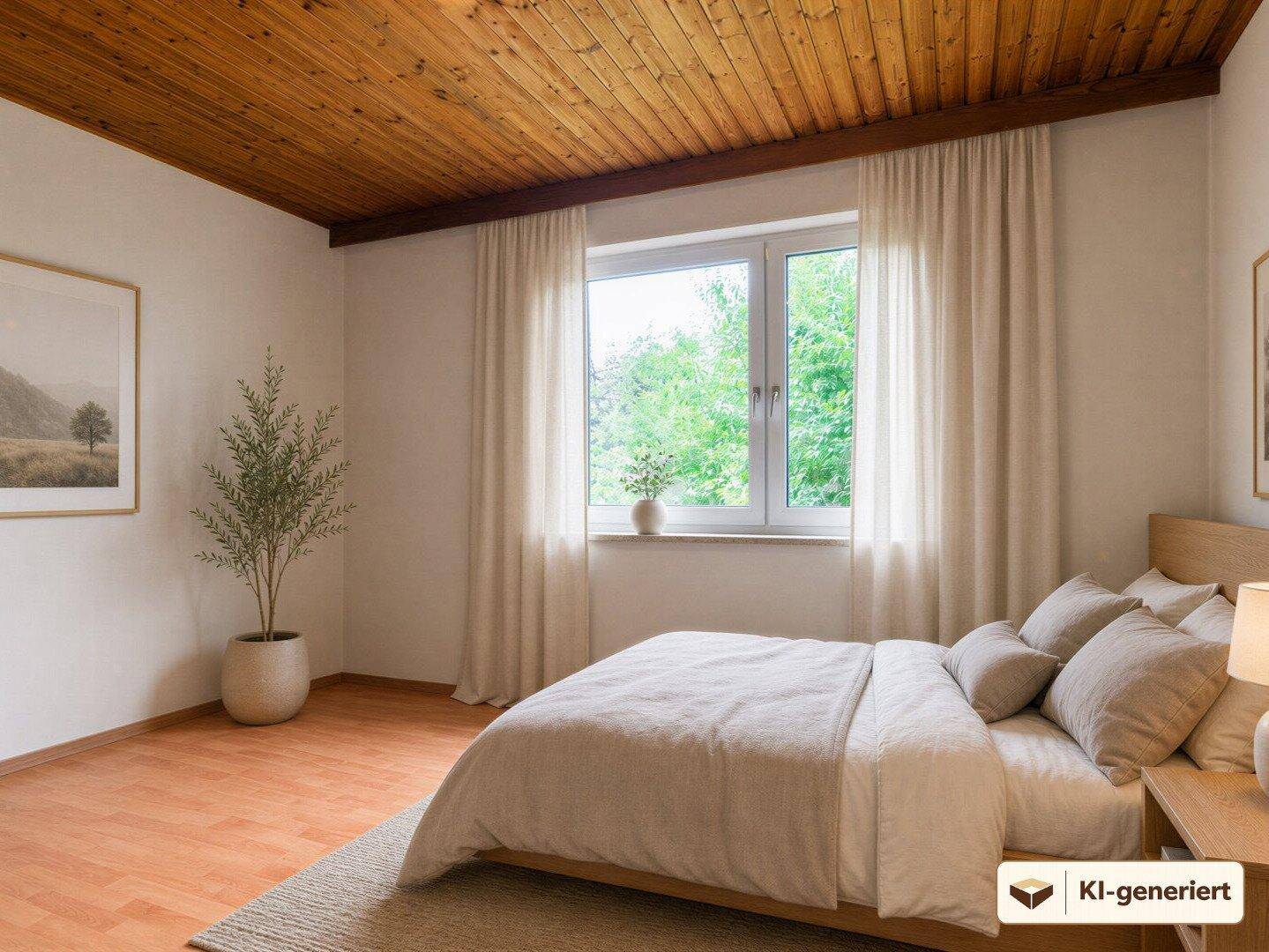 Helles Schlafzimmer mit Holzdeckenverkleidung, Parkettboden und einem großen Fenster mit Blick ins Grüne.
