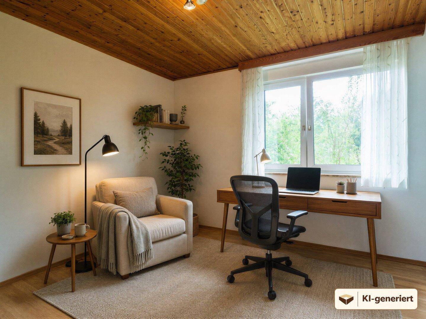 Funktionales Heimbüro mit Holzdeckenverkleidung, Schreibtisch und einem gemütlichen Sessel am Fenster.
