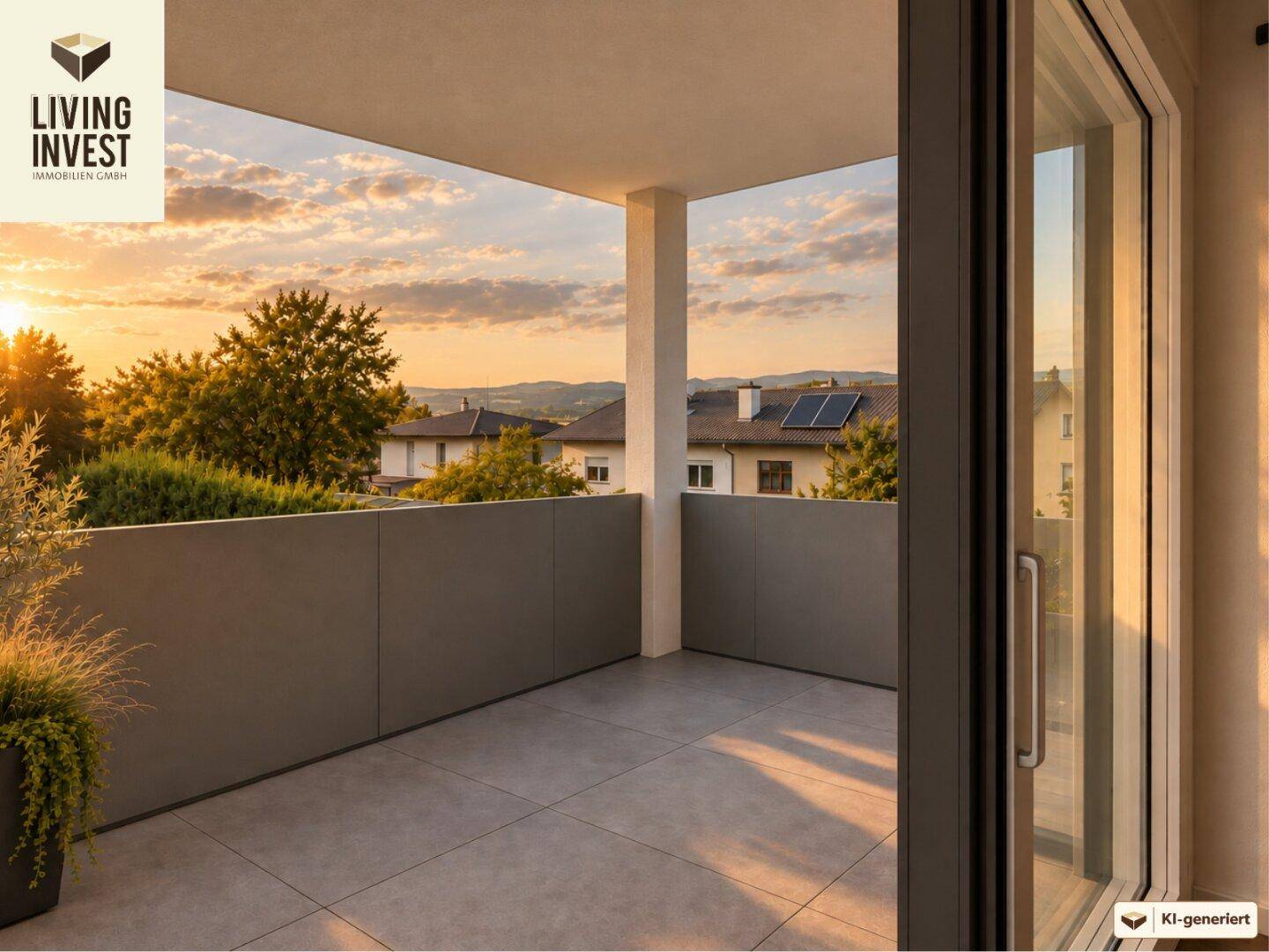 Moderner Balkon mit Fliesenboden und weitem Blick über die Landschaft bei Sonnenuntergang.