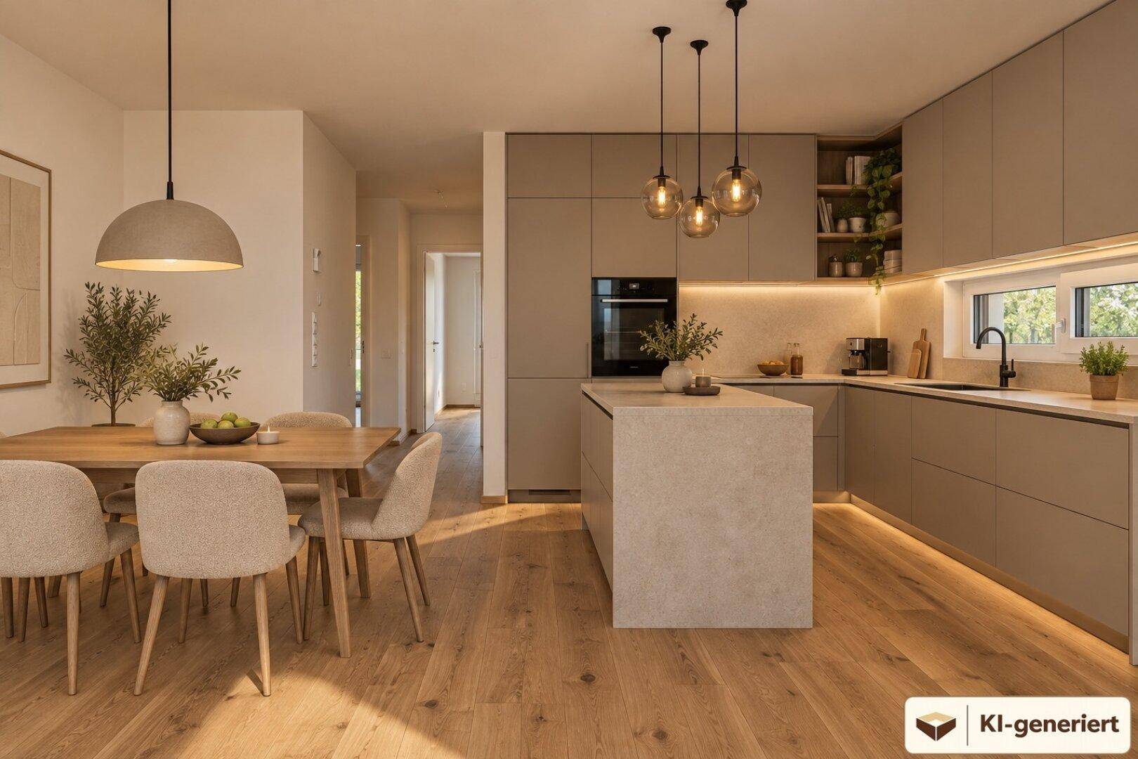 Heller Essbereich mit Holztisch und offener Küche mit Kücheninsel und Einbaugeräten.