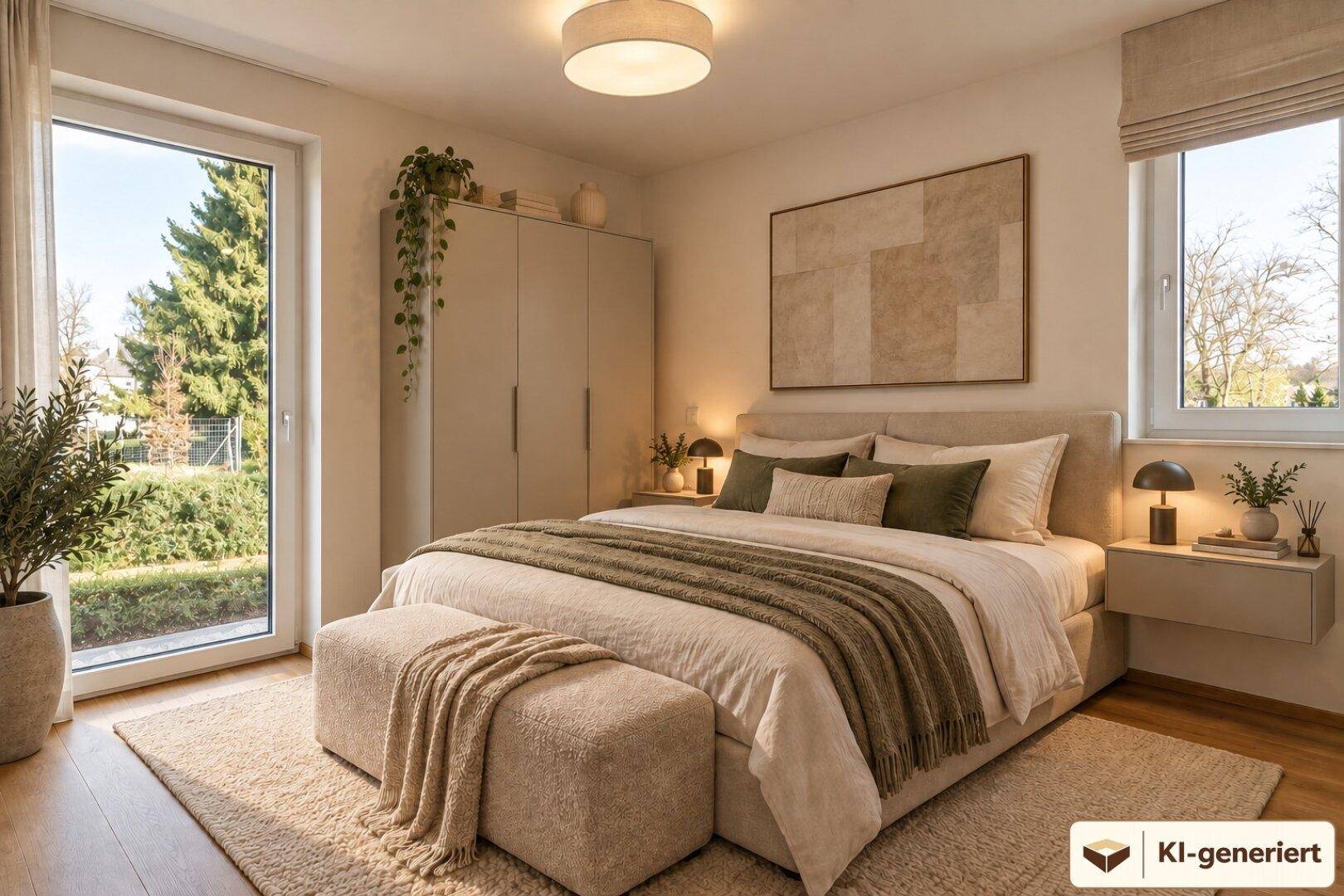 Gemütliches Schlafzimmer mit großem Fenster, Holzboden und Zugang zum Garten.