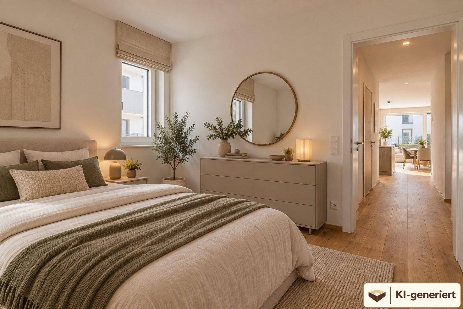 Modernes Schlafzimmer mit Holzboden, großem Spiegel und Blick in den Flur.