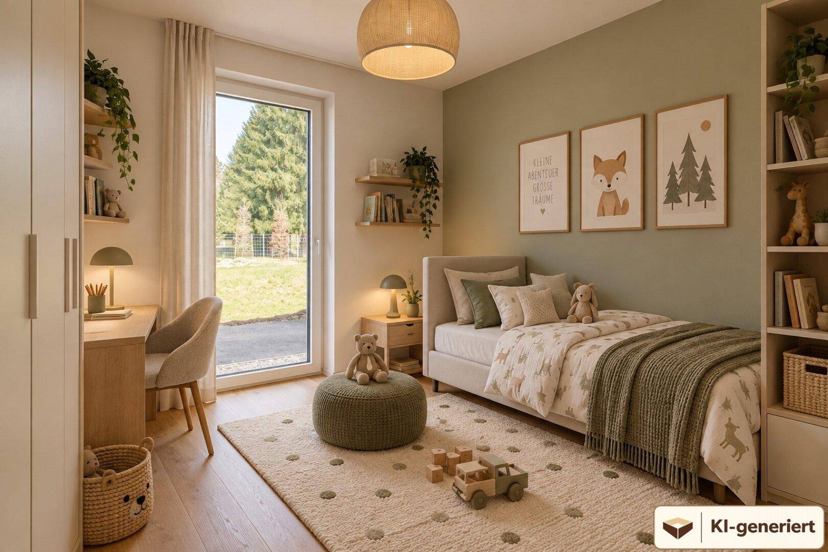 Helles Kinderzimmer mit Schreibtisch, Einzelbett und Zugang zum Garten.