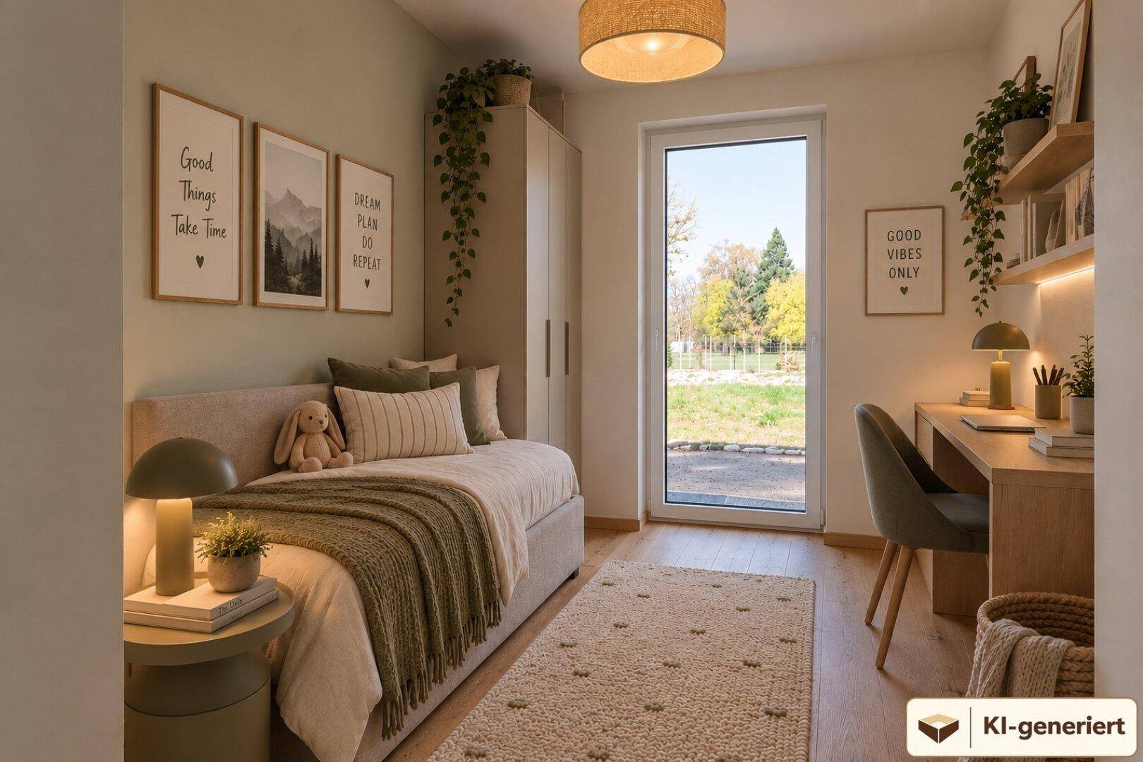 Freundliches Jugendzimmer mit Schreibtisch, Einzelbett und Blick ins Grüne.